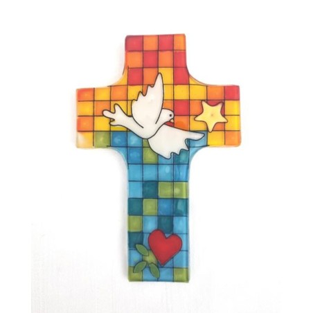 Croix en verre avec colombe et damier multicolore dans les couleurs de l'arc-en-ciel