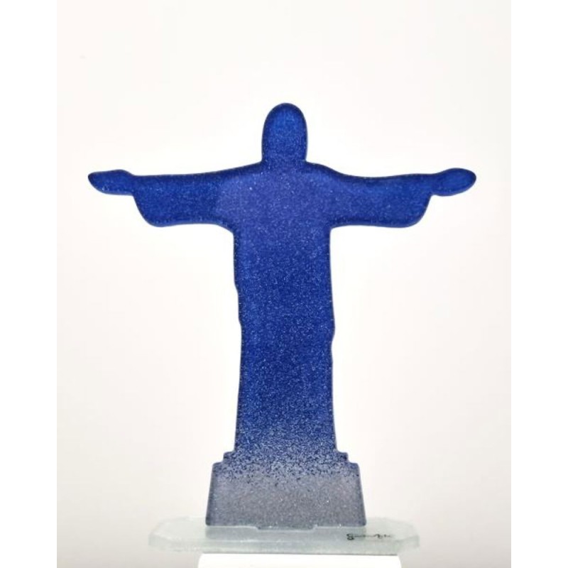 Christ rédempteur en verre argenté et bleu. 17 cm