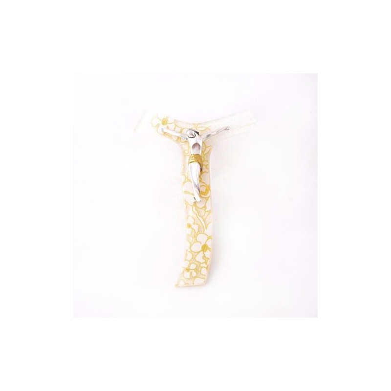 Glazen Tau-kruis met gouden bloemenpatronen. 16 cm
