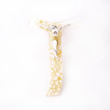 Glazen Tau-kruis met gouden bloemenpatronen. 16 cm