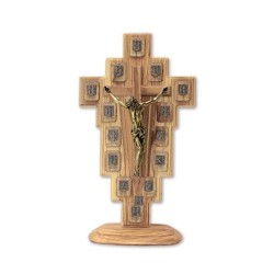 Crucifix sur base bois olivier Via Cruccis bronze 55x31cm