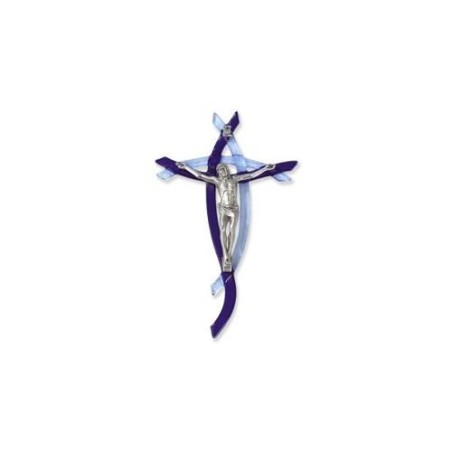 Twee-kleurig glas murano kruisbeeld metalen lichaam 15x10cm