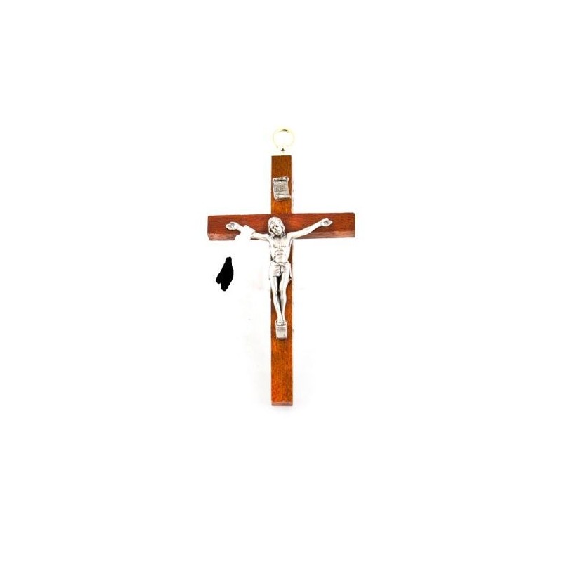 Houten kruisbeeld met Christus in zilver. 13 cm