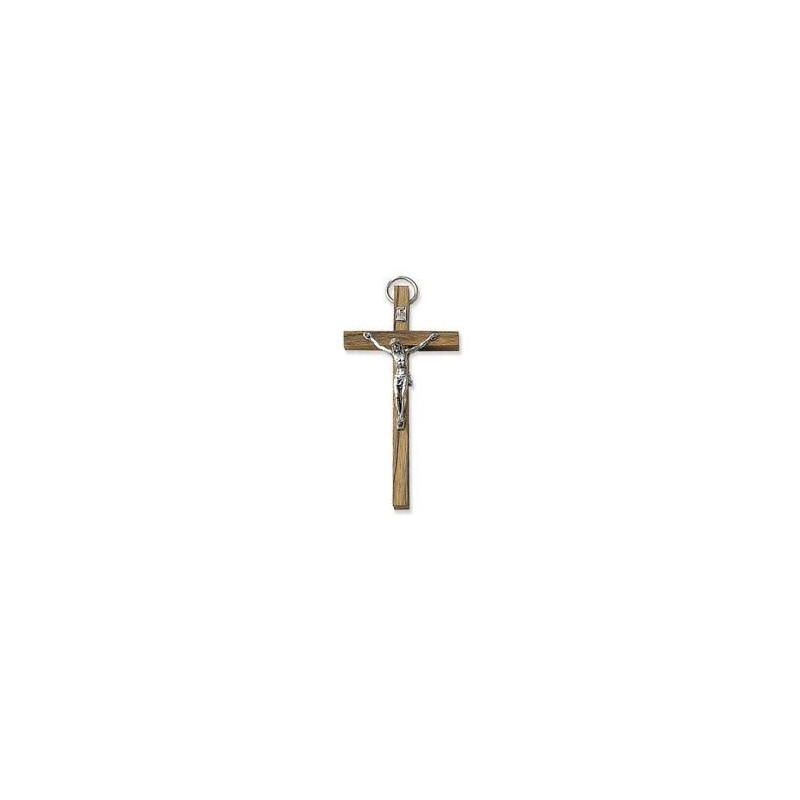 Een houten kruis met een metaal Christus. 15 cm