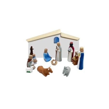 Crèche Nuit de lune 13 sujets 20cm en pierre reconstituée avec étable bois  48x22x29cm