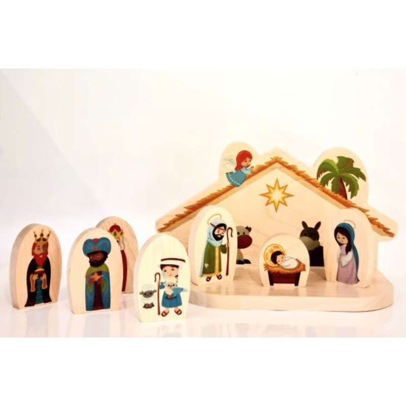 Kleine kerststal 7 gesneden houten onderwerpen