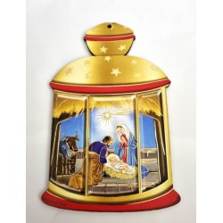 Houten hangend raam in de vorm van een lantaar met kerststal. 14/9 cm