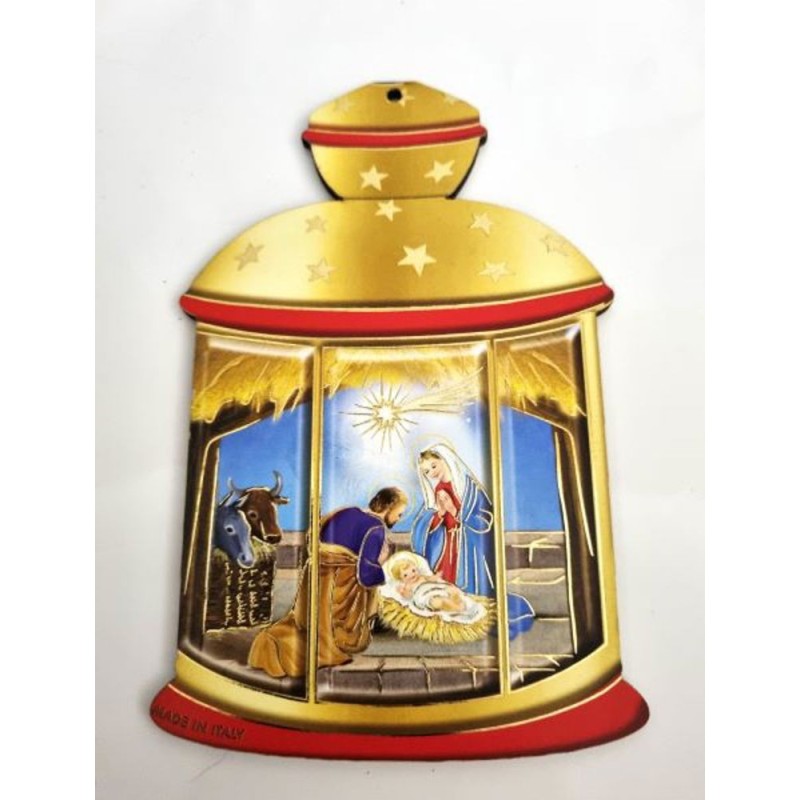 Houten hangend raam in de vorm van een lantaar met kerststal. 14/9 cm