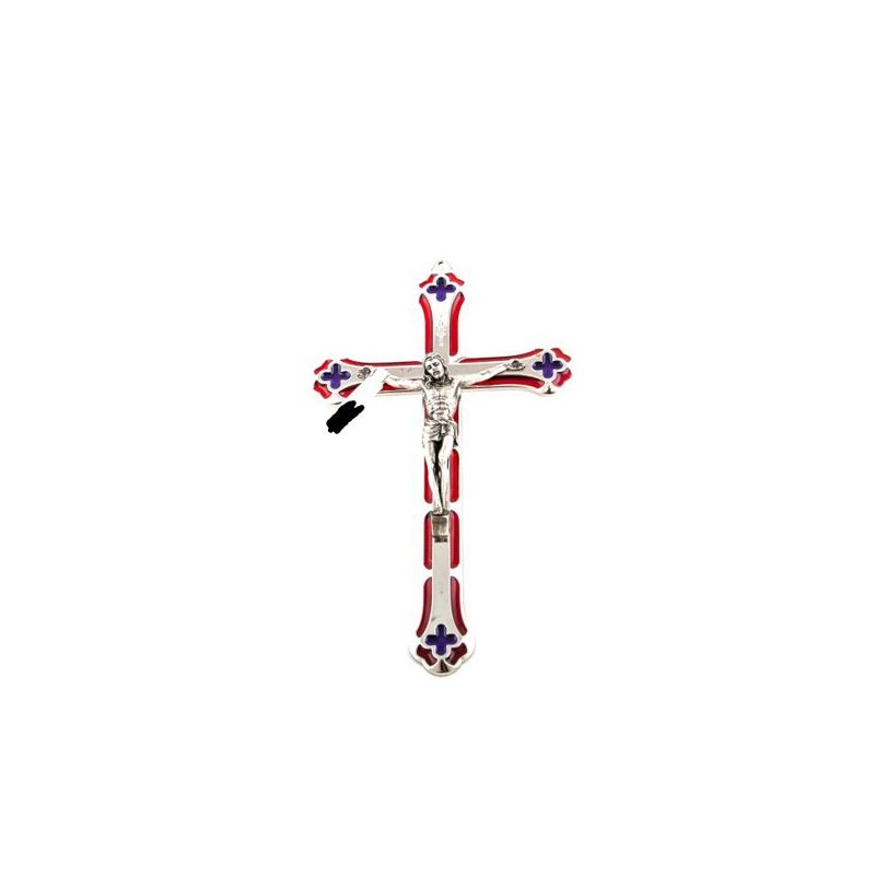 Crucifix en métal argenté avec décorations en émail rouge. 17.5 cm