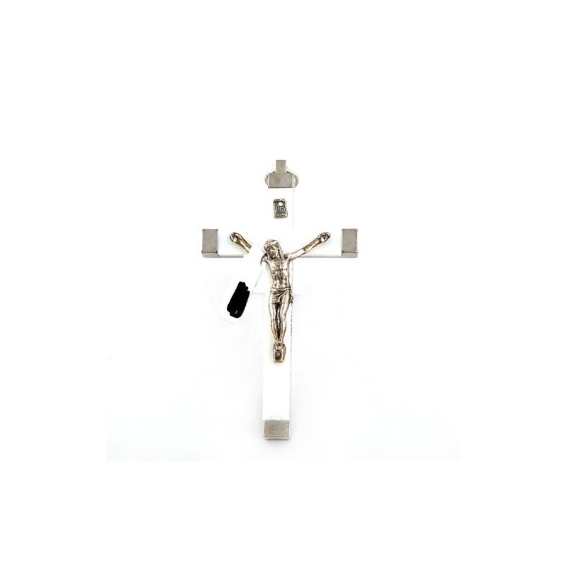 Crucifix en métal argenté avec insert lumineux. 9 cm