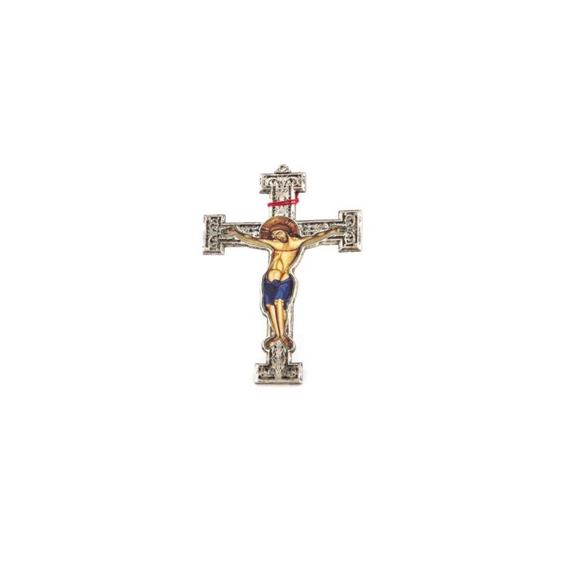 Crucifix en métal argenté avec Christ coloré. 10 cm