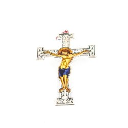 Zilveren metaal kruisbeeld met gekleurde Christus. 20 cm