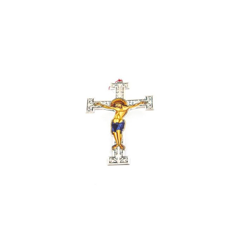 Crucifix en métal argenté avec Christ coloré. 20 cm