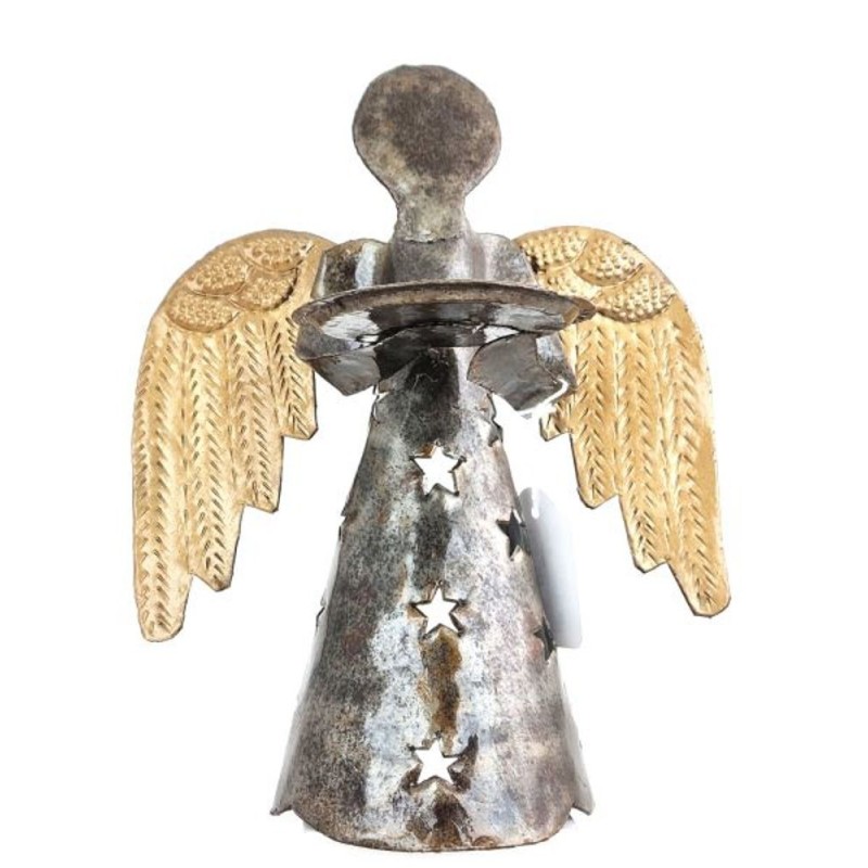 Bougeoir avec ange et étoile (fabriqué à la main en Haïti)  21 cm