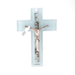 Grijz/blauw glazen kruis met versieringen en zilveren Christus