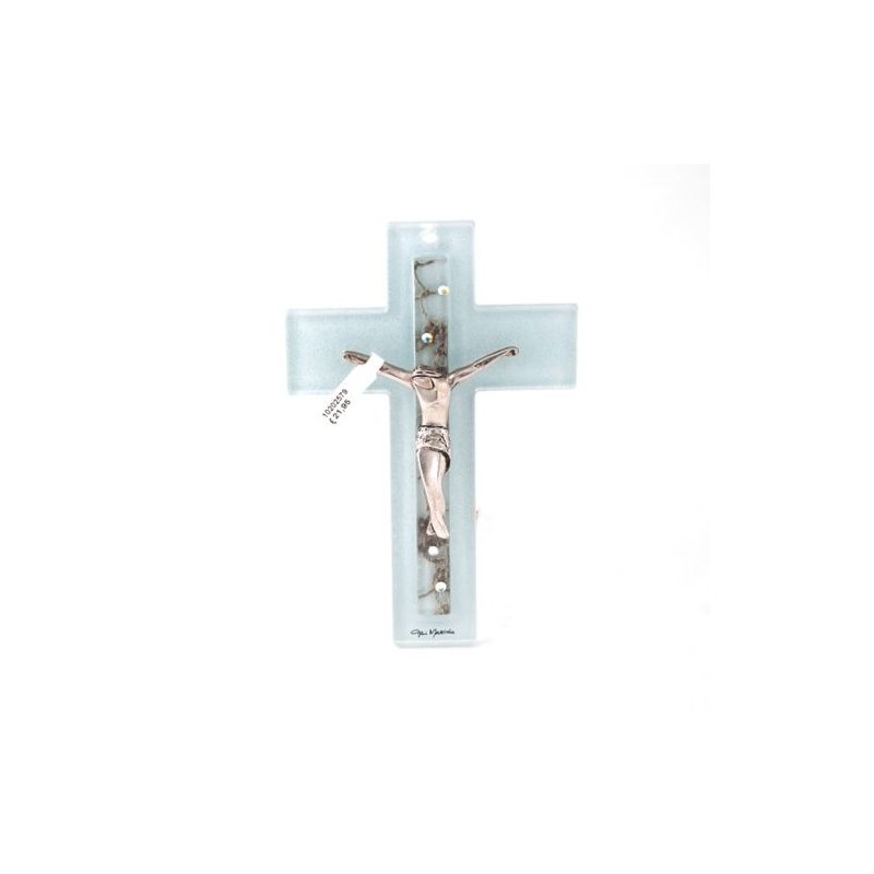 Croix en verre gris/bleu avec décorations et Christ argenté