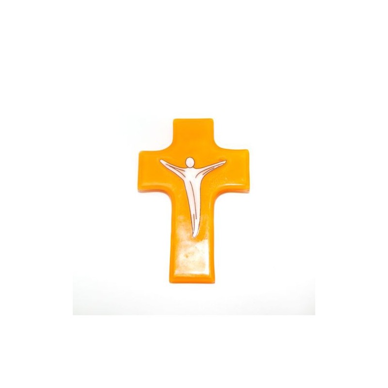 Croix en verre orange avec Christ blanc