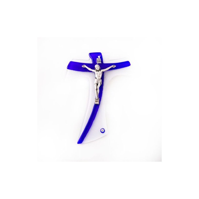 Croix Tau en verre murano blanc et bleu avec Christ argenté. 16 cm