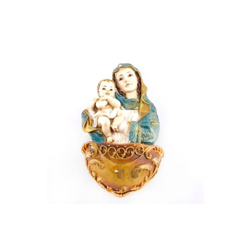 Bénitier de la Vierge Marie avec l'enfant en résine. 16.5 cm