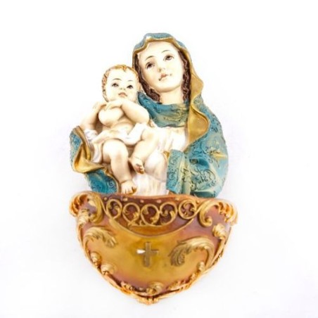 Bénitier de la Vierge Marie avec l'enfant en résine. 16.5 cm