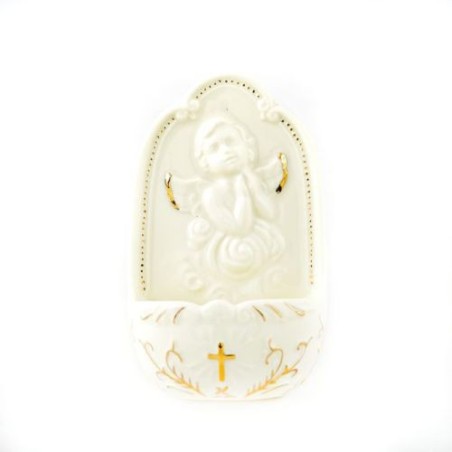 Bénitier en porcelaine avec ange et décorations dorées