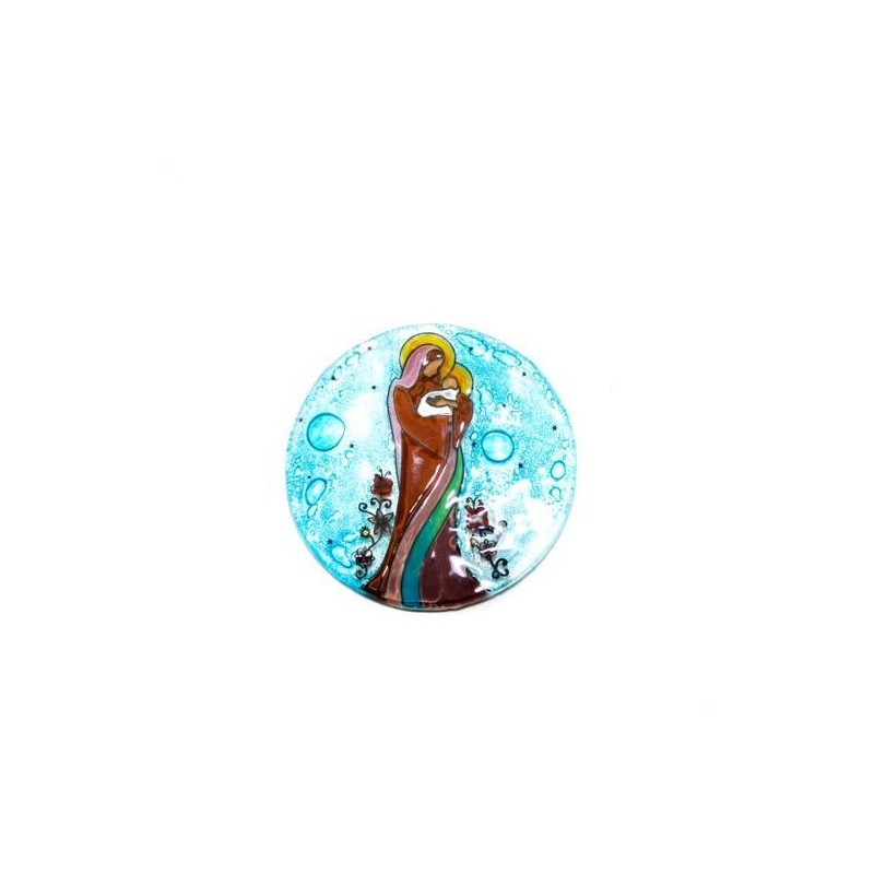 Disque avec la Vierge et l'enfant en verre. 10 cm