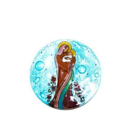 Disque avec la Vierge et l'enfant en verre. 10 cm