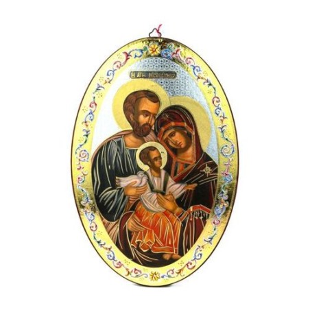 Icône ovale de la Sainte Famille en bois. 20/30 cm