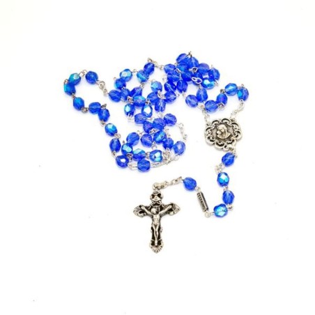 Rozenkrans in semi-kristalblauw met doos. parels van 5 mm