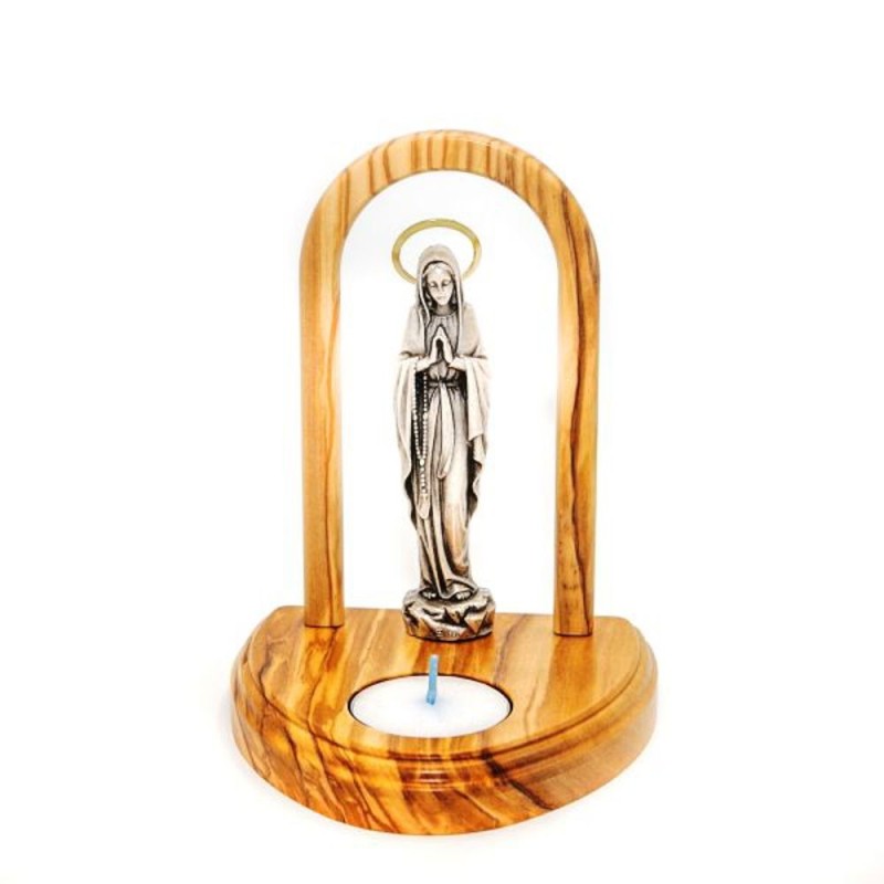 Statue en métal avec socle en bois d'olivier et bougeoir