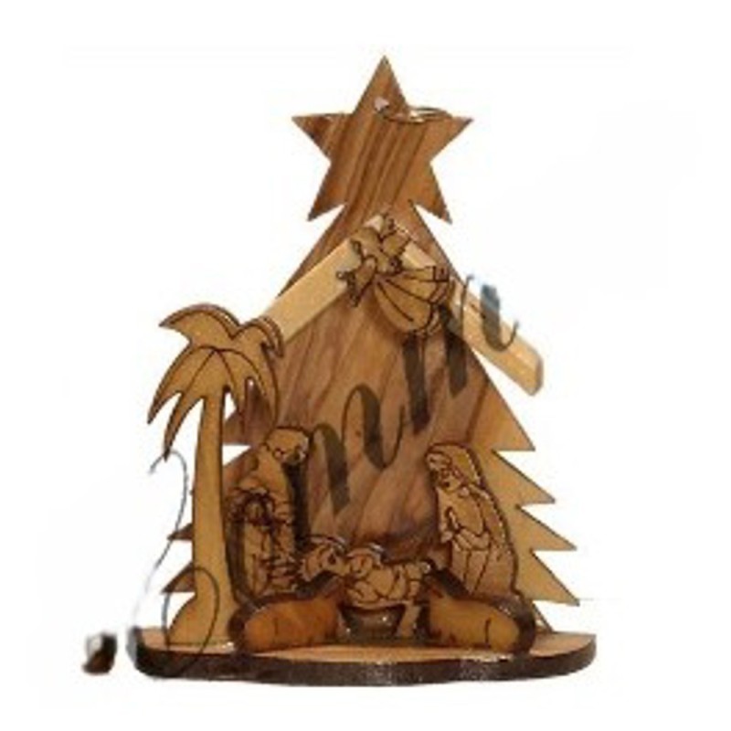 Crèche en bois d'olivier avec sapin