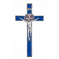 Kruis van St. Benedictus van metaal met blauw glazuur 20 cm