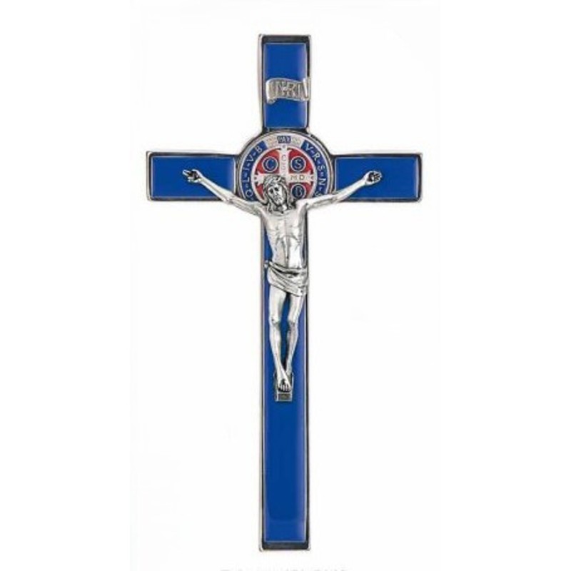 Croix de Saint Benoit en métal avec émail BLEU 20 cm
