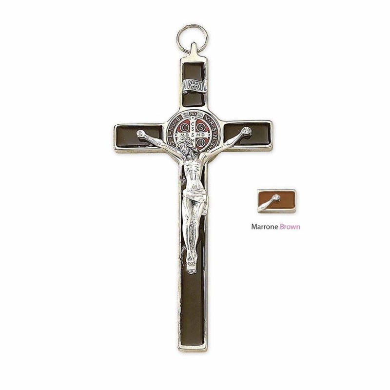Croix de Saint Benoit en métal avec émail MARRON 20 cm