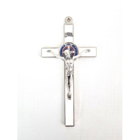 Croix de Saint Benoit en métal avec émail BLANC 20 cm