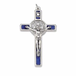 Pendentif croix de Saint Benoit en métal et émail BLEU 12 cm