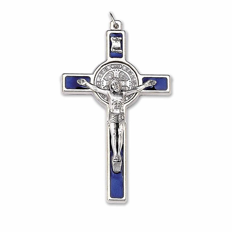 Kruishanger van de heilige Benedictus van metaal en blauw 12 cm