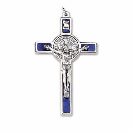 Kruishanger van de heilige Benedictus van metaal en blauw 12 cm