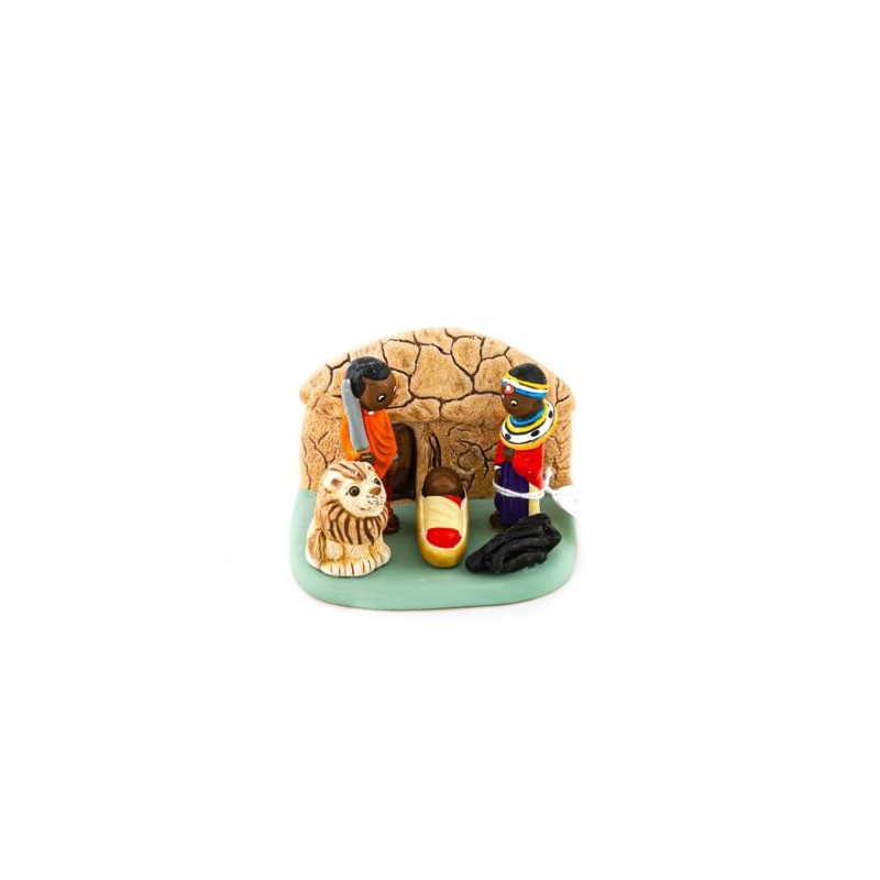 Kerststal in keramische blokken - Massaï stam 8X7CM