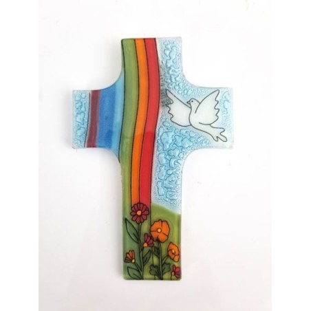 Croix avec colombe et arc-en-ciel en verre