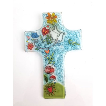 Glaskruis, duif en bloemen