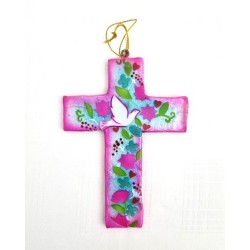Croix nacrée sur bois colombe et fleurs