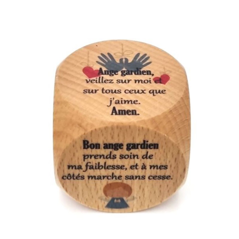 Dé de prière en bois de Hêtre 5x5cm Ange gardien pour Enfant