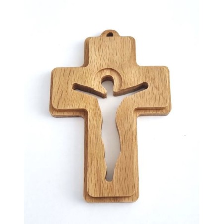 Croix en chêne découpé 12x8.5cm ""JESUS"""