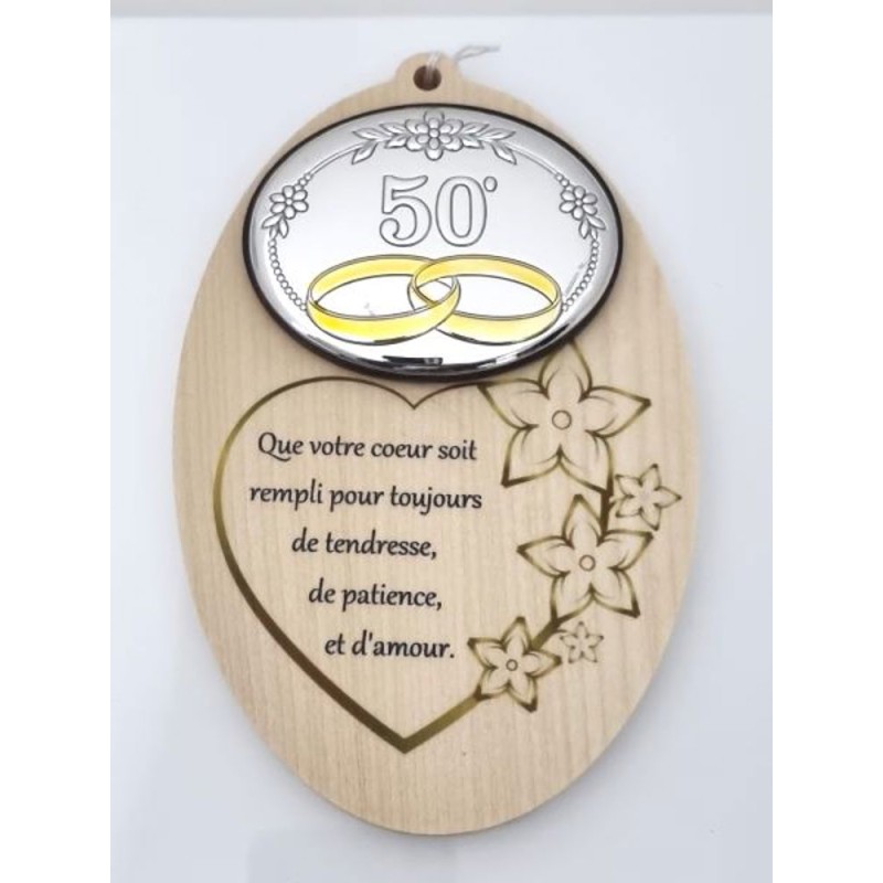 Grote houten medaillon en gouden trouwplaat 17x11 cm
