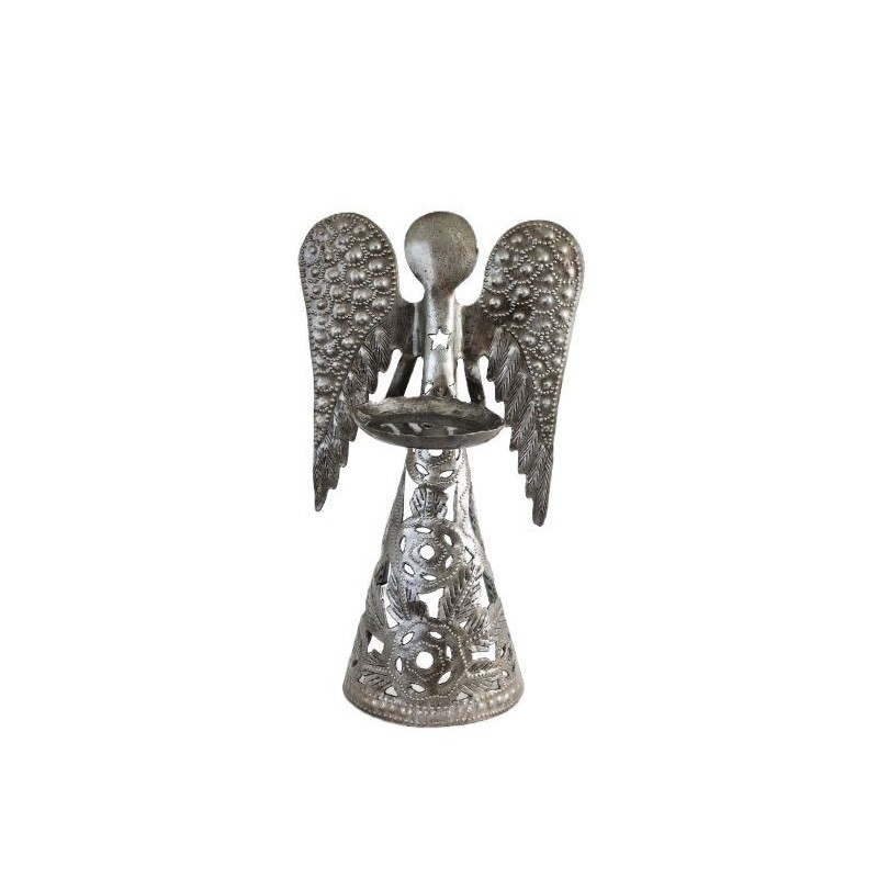 Engel met rozen metalen kandelaar 22cm (handgemaakt in Haïti)