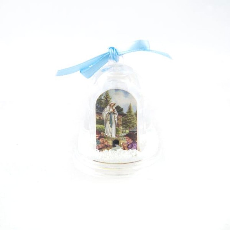 Boule à neige en forme de cloche avec la Sainte Famille et notre Dame de Banneux, disponible en bleu ou rose