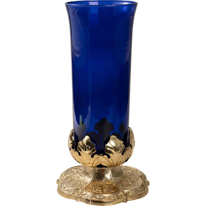 Blauwe glazen lamp voor tafelkaars H:30cm
