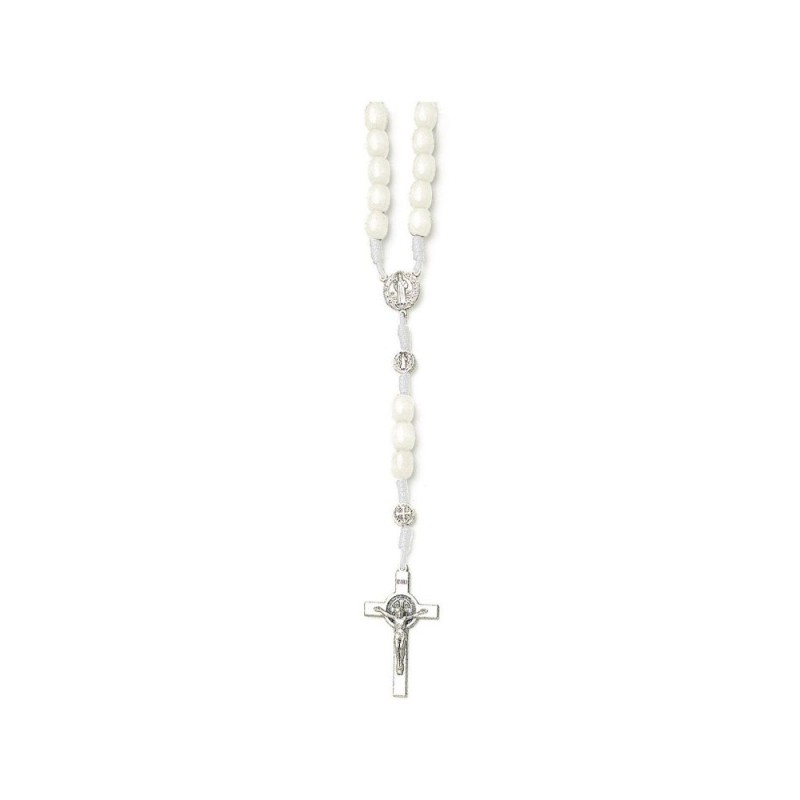 Chapelet Saint Benoit perle bois ovale blanche sur double chainage