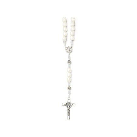 Chapelet Saint Benoit perle bois ovale blanche sur double chainage